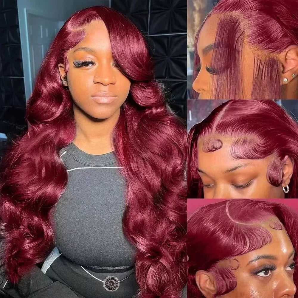 20in-40in Burgundy Red 34 Inch Body Wave Lace Front Wig
