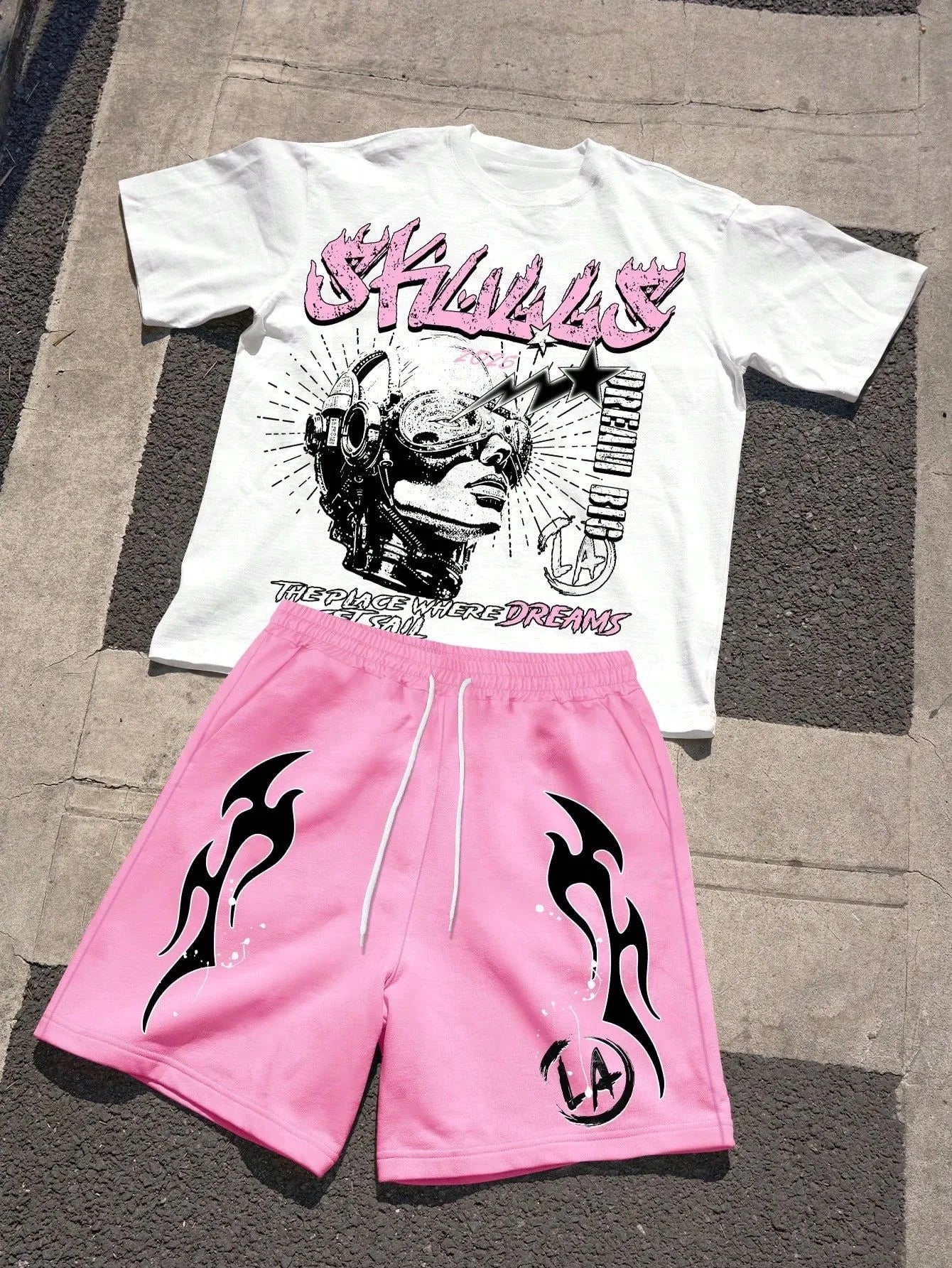 Men's Short-Sleeved Shorts Set with 3D Letter Pattern Printing - Street Casual Fashion Comfortable and Soft