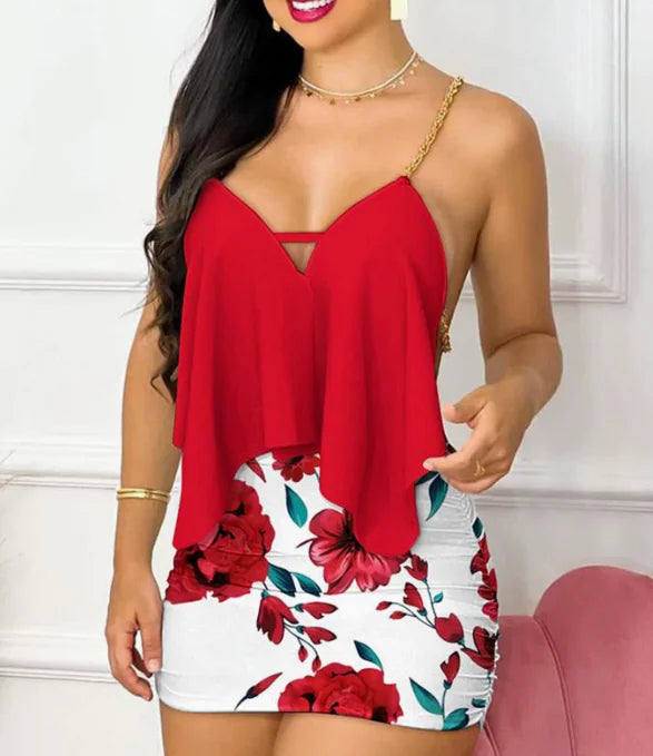 Womens Dresses Summer Fashion Floral Print Asymmetrical Chain Strap Sexy Backless V-Neck Sleeveless Bodycon Mini Dress Sets 2025