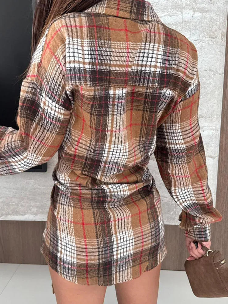 Women's long lace up spring and autumn new style checkered shirt with lapel button and long sleeved urban commuting style shirt