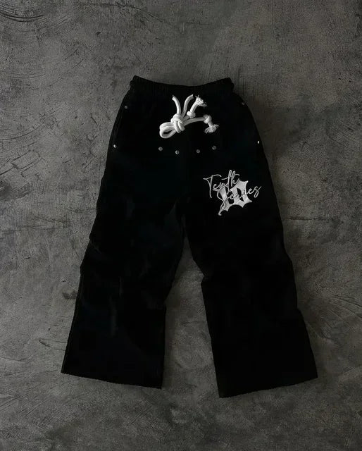 American Letter Patch Retro Double Layer Design Y2K Pants Baggy Sweatpants Men Hip Hop Gothic Elastic Waist Jogging Casual Pants