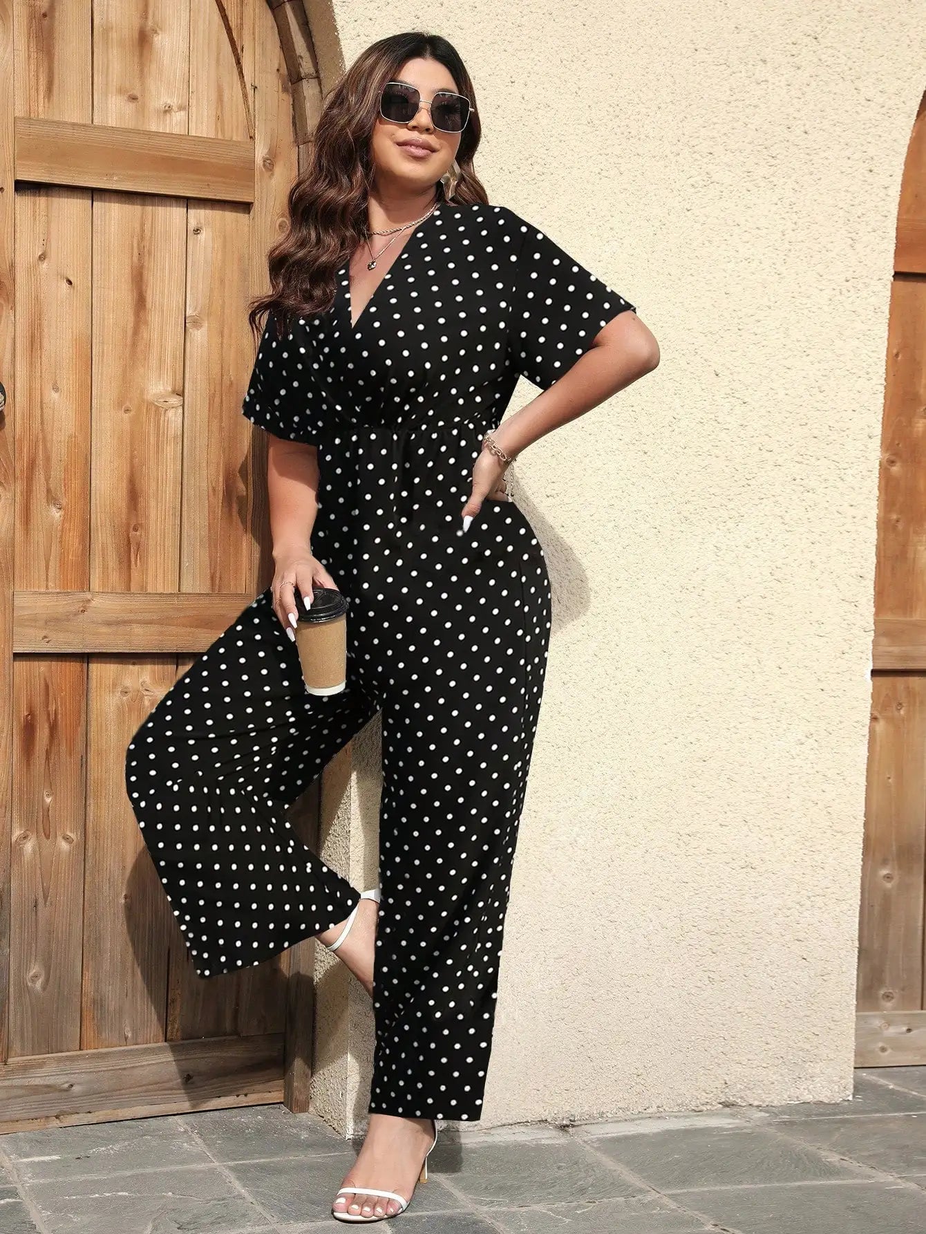 Women's Plus Size Polka Dot Jumpsuit, Casual V-Neck Short Sleeve Elastic Waist Wide Leg Romper, Loose Summer Playsuit For Ladies