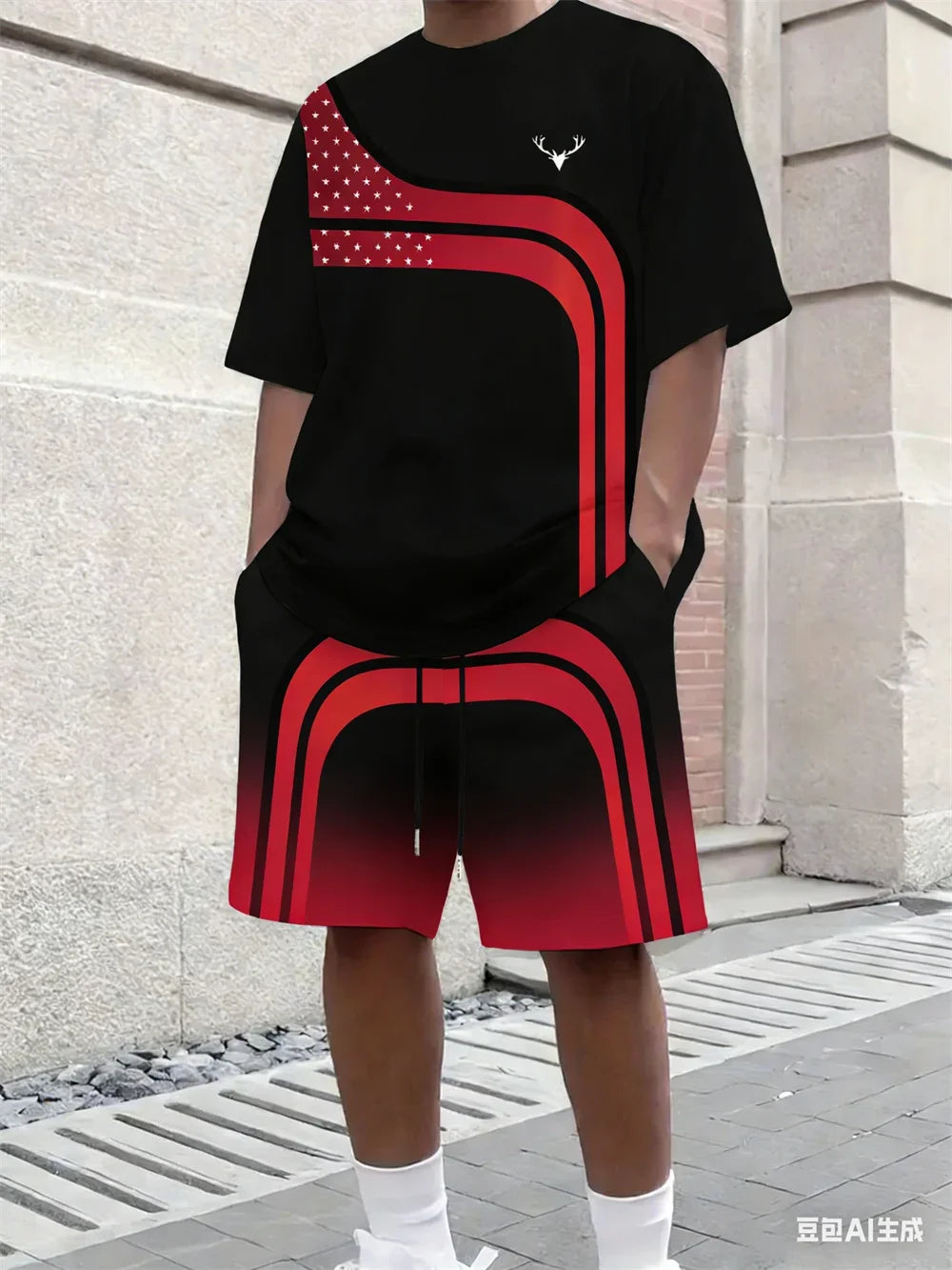 Men's Stripe Print Comfortable Breathable Round Neck T-shirt Shorts Set Outdoor High Street Clothing T-shirt Sets