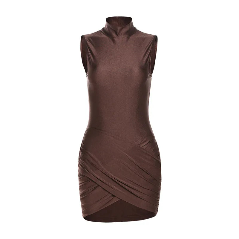 New Women's Bodycon Dress Summer Sexy Pleated Mini Dress High Neck Ruffles Party Chic (Characters: 78)