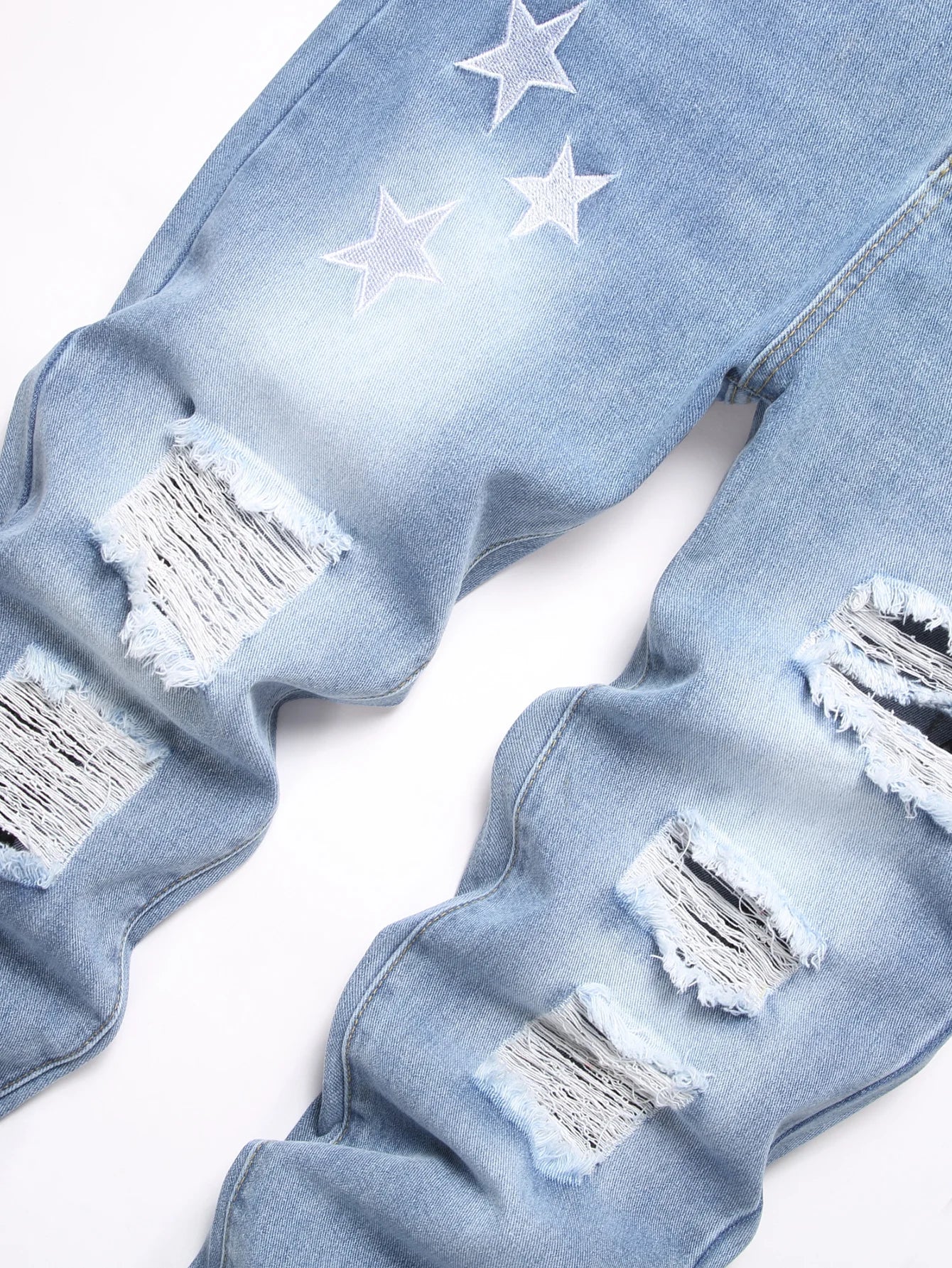 Men's Jeans - Distressed Rips & Embroidered Star Design