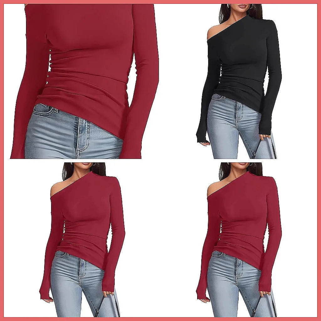 Off-Shoulder Long Sleeve T-Shirt Women, Slim Fit Solid Color Basic Top for Autumn Winter Casual Wear