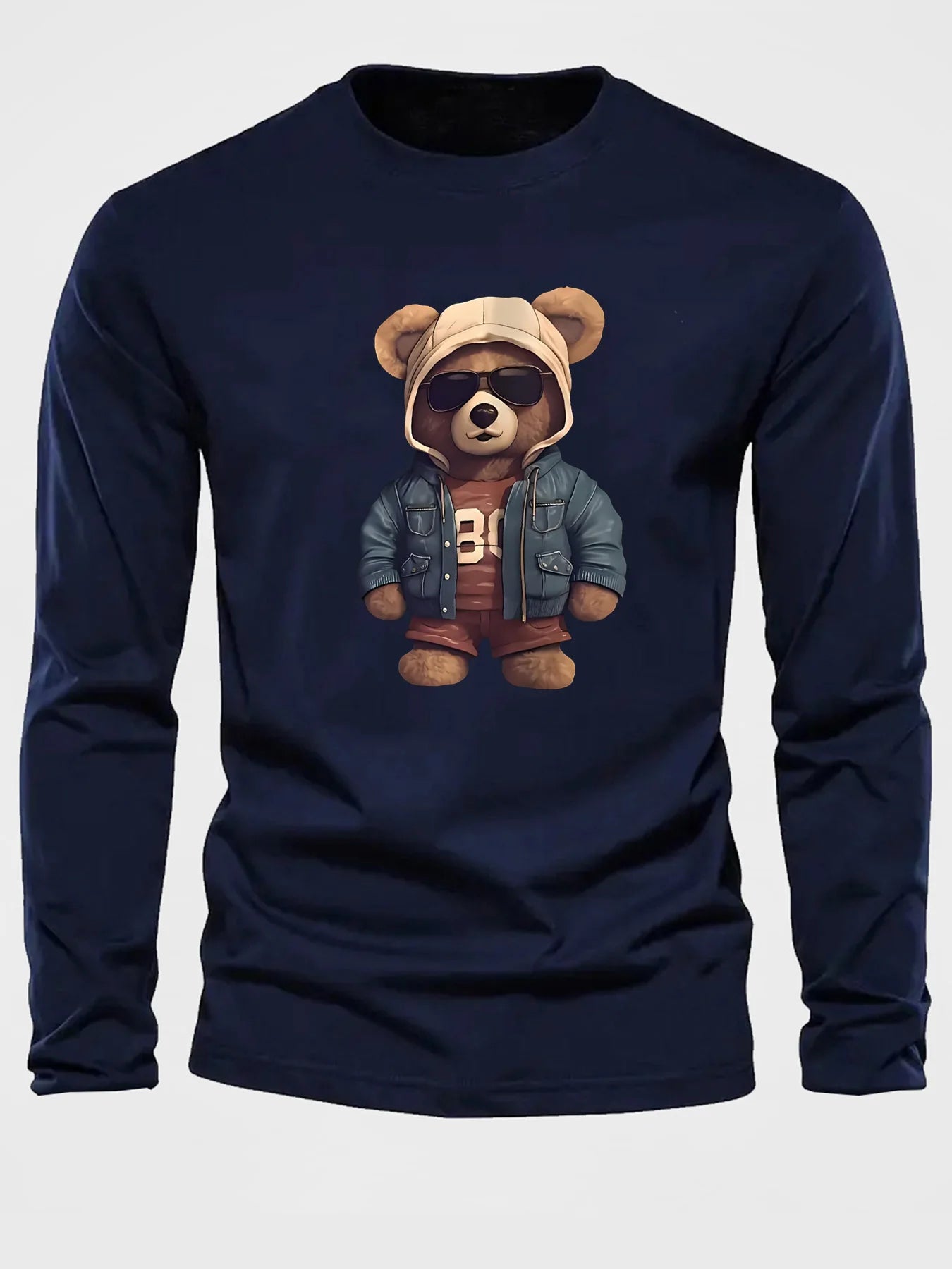 Men's casual long sleeved round neck loose bear pattern printed autumn and winter T-shirt top versatile