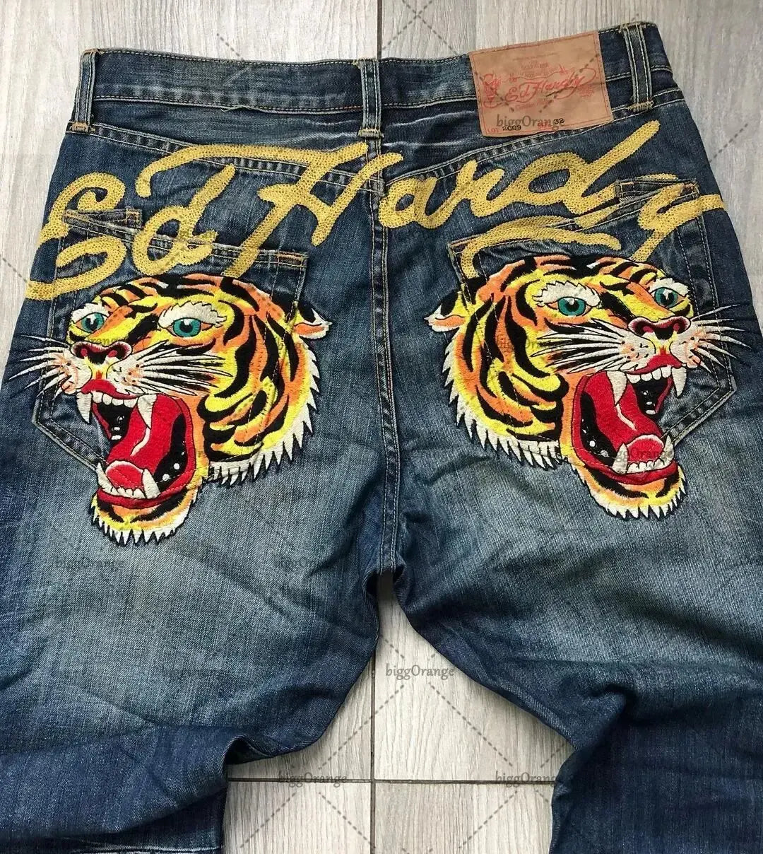 Straight Leg Denim Pants Skull Rose Flame