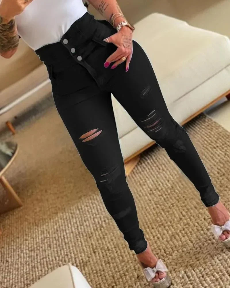 Women Jeans Distressed Denim Pencil Pants