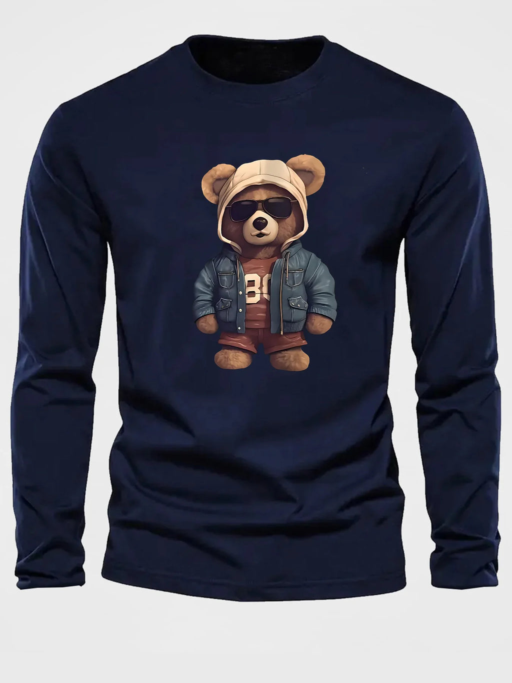 Men's casual long sleeved round neck loose bear pattern printed autumn and winter T-shirt top versatile