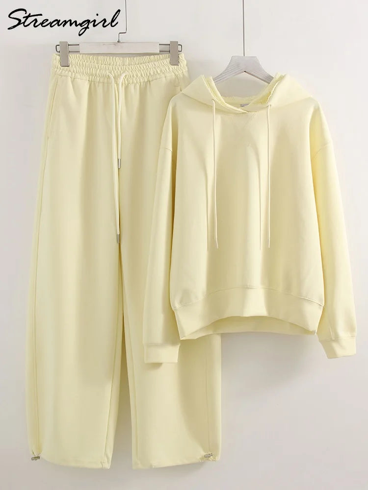 Women's Tracksuit Wide Leg Sweatpants And Hoodies Set Butter Yellow Plain 2 Pieces Pants Set For Women Joggers And Hoodie Set