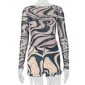 Foamlina Women 2 Piece Outfit Striped Print Sheer Mesh Long Sleeve Top Ruffled Shorts Set Summer Club Party Matching Tracksuit