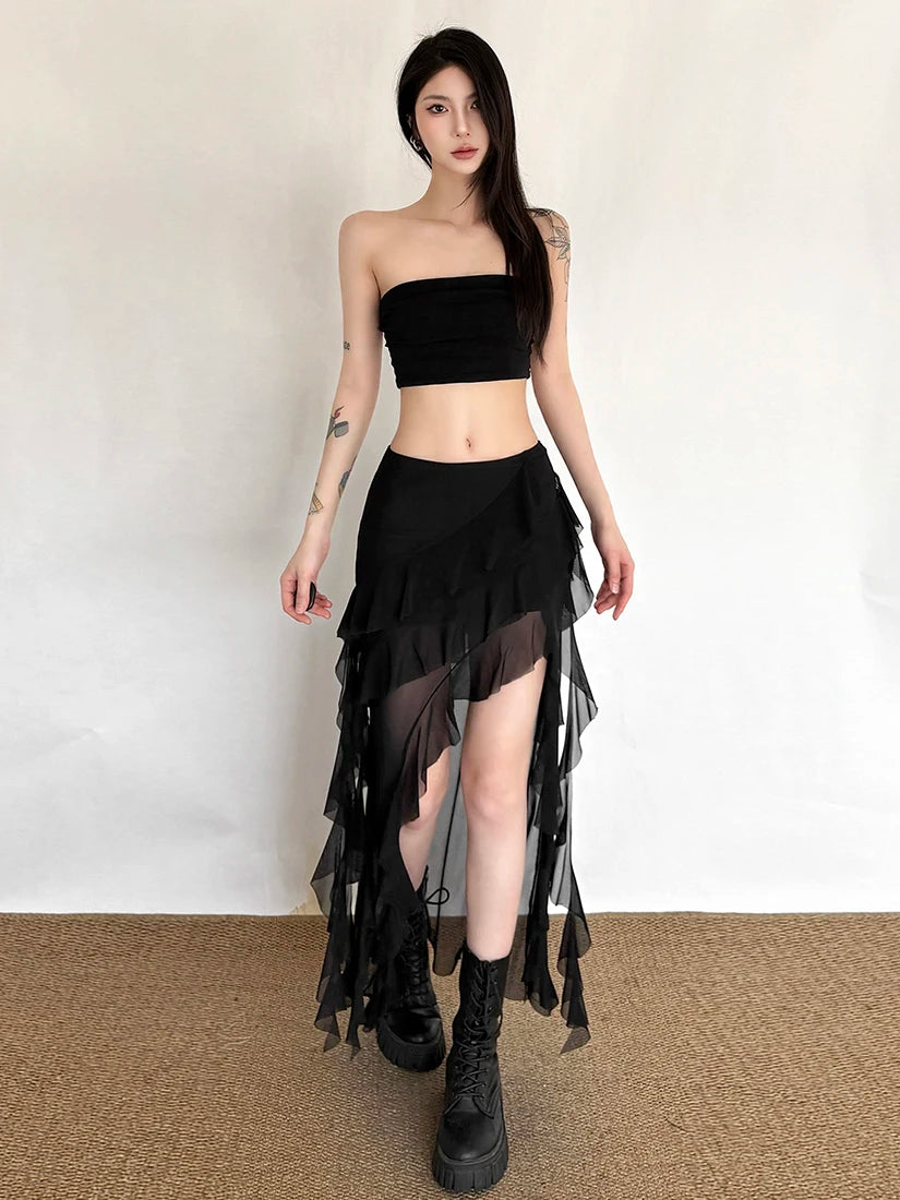 Sisjuly Millennium Spicy Girl Net Splicing Design Irregular Half Skirt Women's Fashion Urban Commute Breathable Polyester