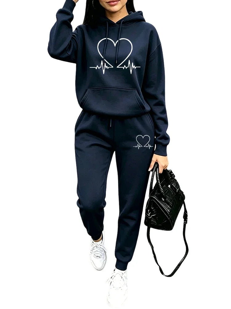 2026 New Arrival Women's Tracksuit Hoodie and Sweatpants Heart Printed Hooded Outfit Fall Winter Daily Casual Sports Jogger Suit
