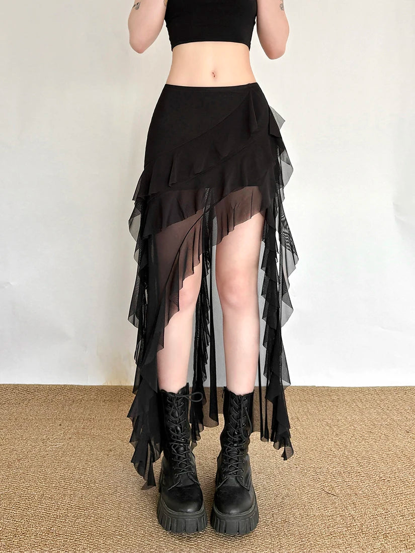 Sisjuly Millennium Spicy Girl Net Splicing Design Irregular Half Skirt Women's Fashion Urban Commute Breathable Polyester