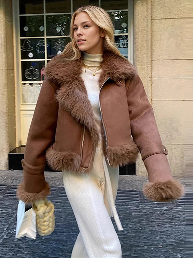 Urban Faux Fur Patchwork Women Thicken Jacket Solid Lapel Long Sleeve Female Outwear 2026 Autumn Winter All-match Lady Outfit