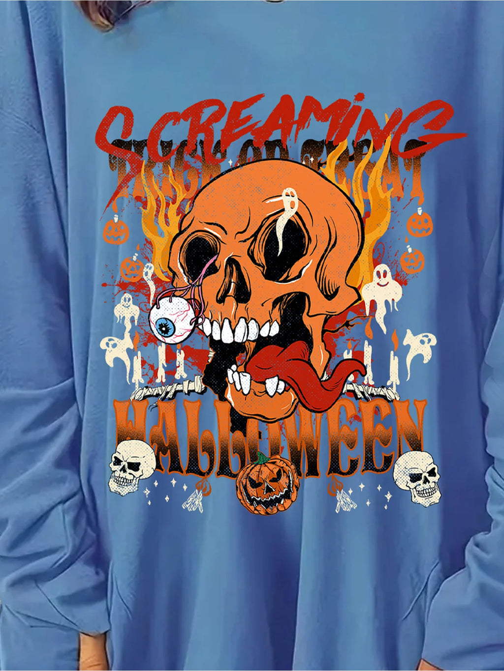 Fashionable plus size long sleeved round neck women's clothing, personalized and quirky skull flame print loose hoodie