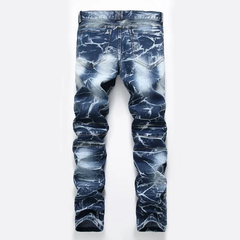 Men's New Style High Street Motorcycle Fashion Stretch Slim Straight Denim Trousers Male