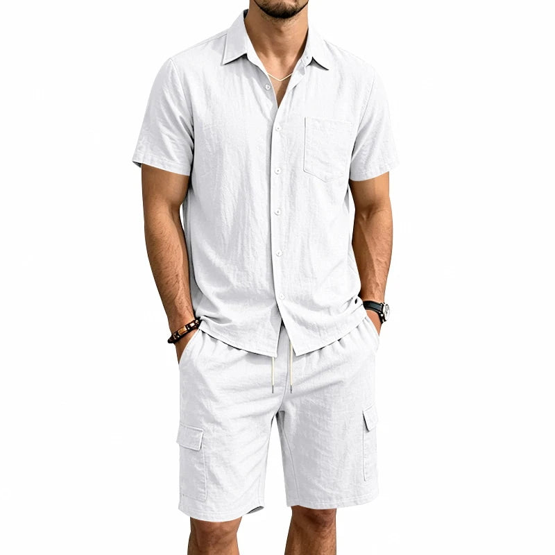 Men Summer American Linen Two Piece Set Short Sleeve Shirt Drawstring Cargo Shorts Loose Casual Outdoor Commute Vacation Outfit