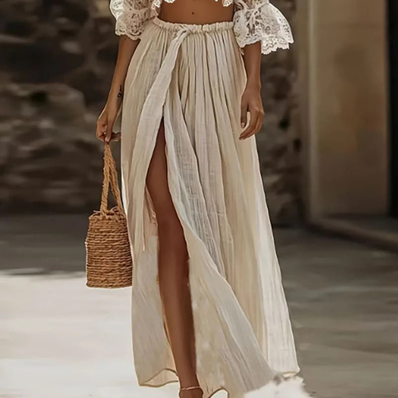 Womens Bohemian Lace Two Piece Set Sexy Deep V Neck Crop Top+High Waist Slit Maxi Skirt Vacation Outfit Flare Sleeve Hollow Suit