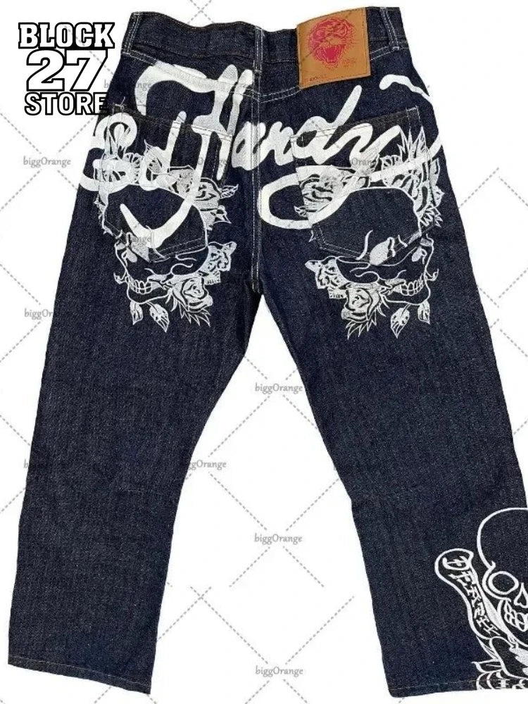 Straight Leg Denim Pants Skull Rose Flame