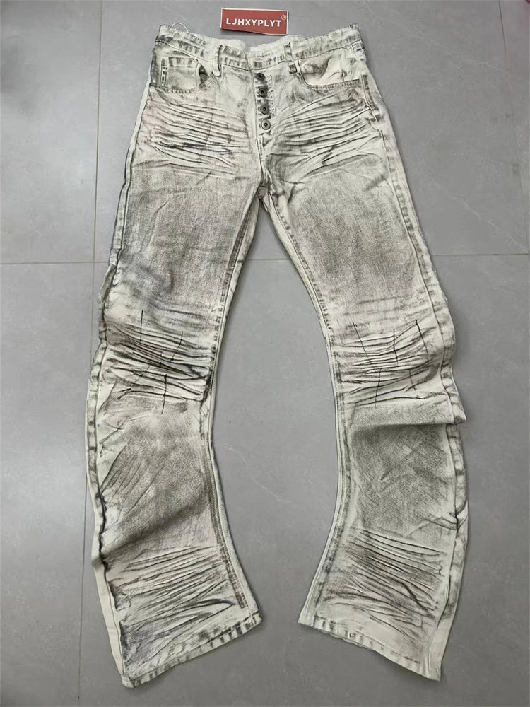 Men's Stacking Effect Casual Pants Dirty White Streetwear Boy Bottom Wide-leg Trousers High Waist Sweatpants Male Long Pants