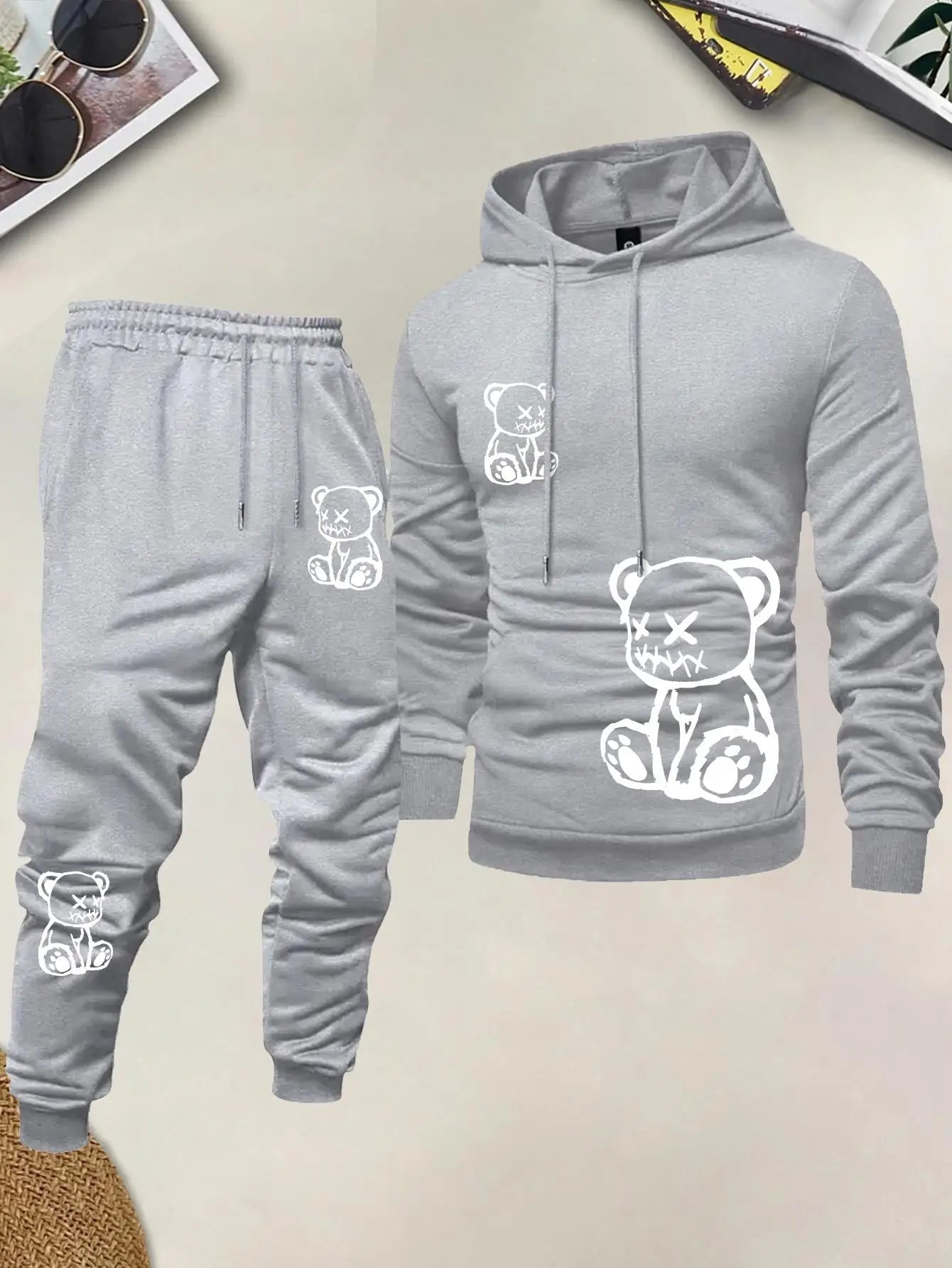 New Style Street Casual Fashion Comfortable Soft 3D Bear Pattern Printed Men's Hooded Sweatshirt Set