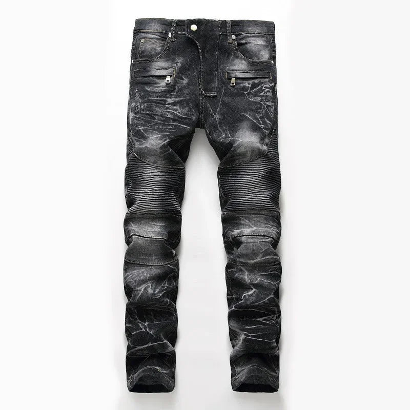 Men's New Style High Street Motorcycle Fashion Stretch Slim Straight Denim Trousers Male