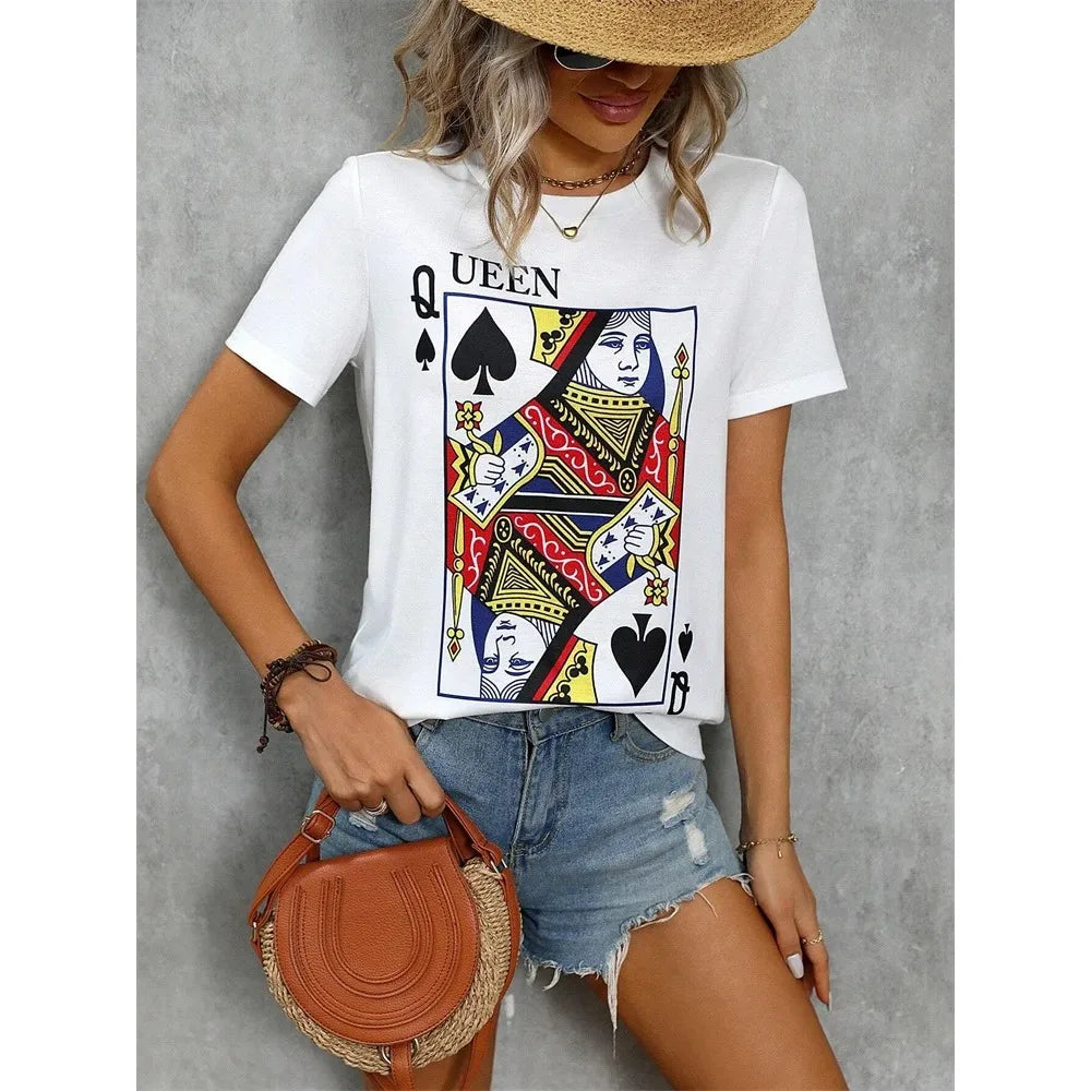3D Poker Print Women's T-shirt Summer Daily Casual Women's Short-sleeved Top Urban Street Women Fashion Crew-neck Y2K Streetwear