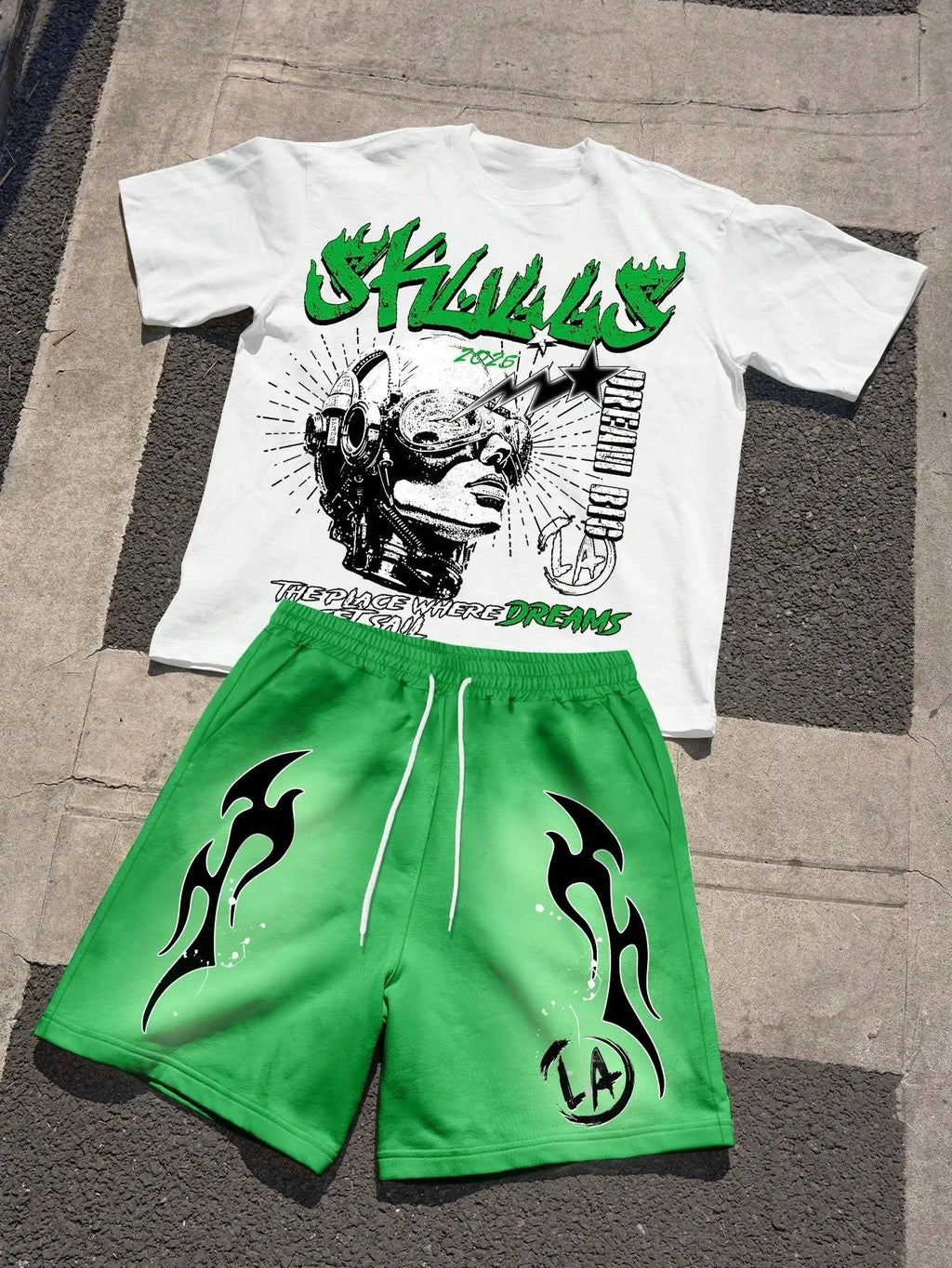 Men's Short-Sleeved Shorts Set with 3D Letter Pattern Printing - Street Casual Fashion Comfortable and Soft