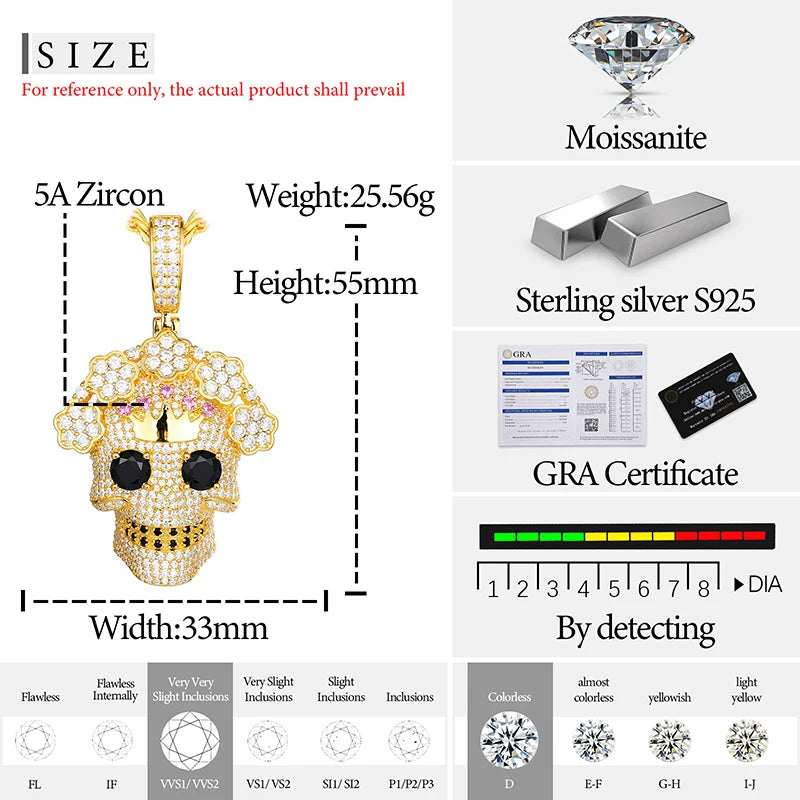 High Quality Skull Pendant Silver 925 Moissanite Iced Out Pendant