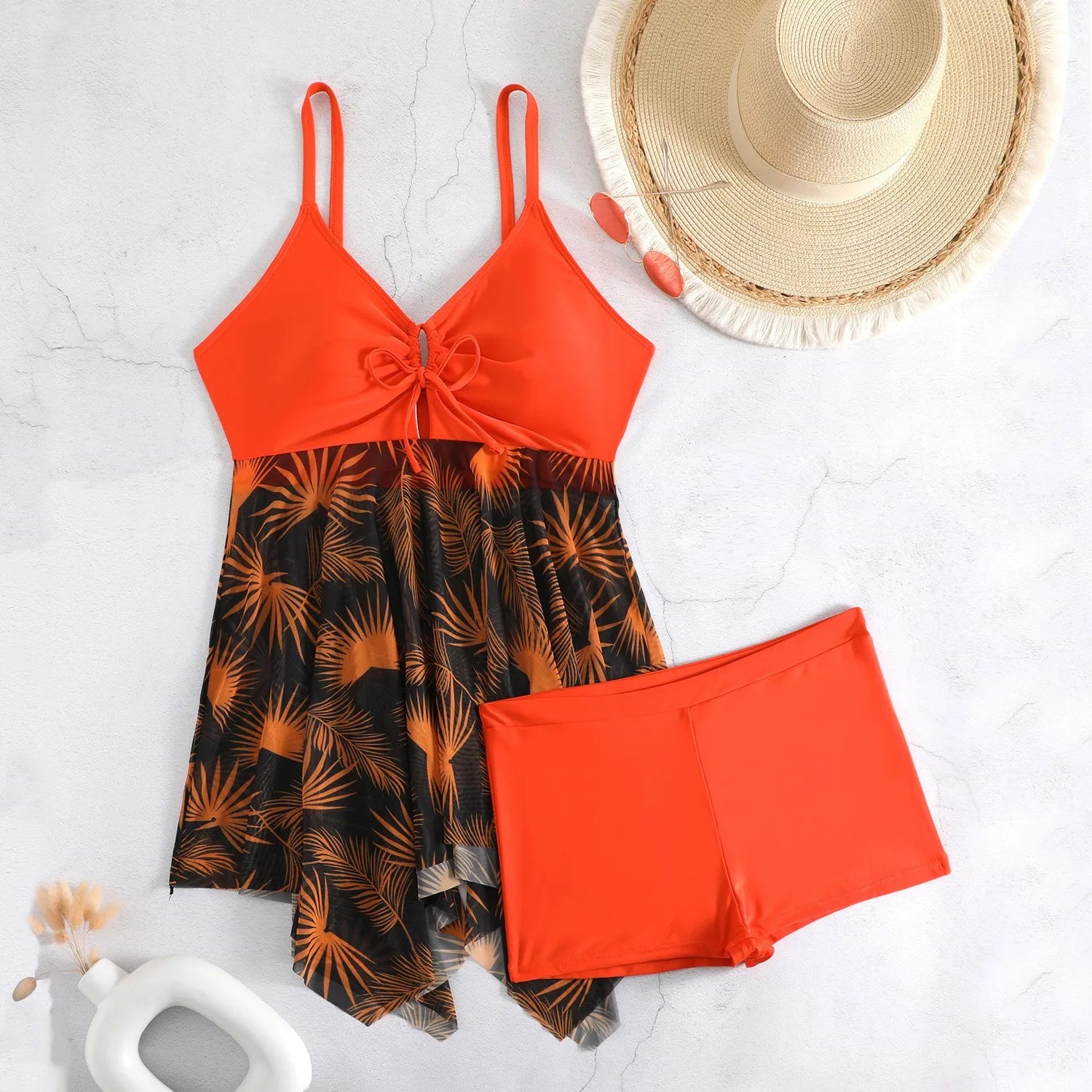 Women Tankini Sleeveless V Neck Tankini Top Plus Size High Waist Shorts Two Piece Swimsuit Floral Print Swim Tankini Swimwear