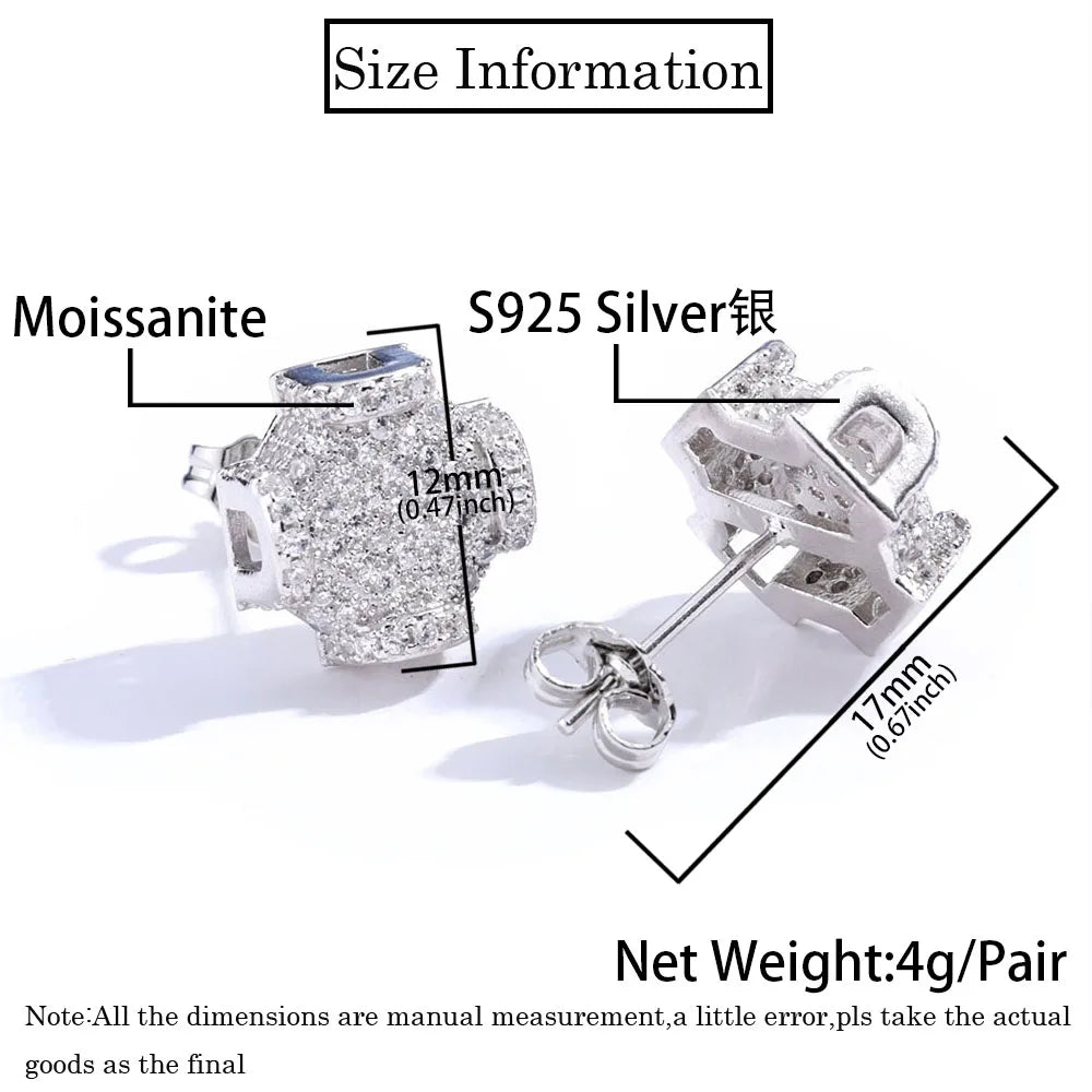 ESKEEM Fine Jewelry 12mm Iced Out Diamond VVS Moissanite Earrings Men 925 Sterling Silver Stud Earrings Women Jewelry