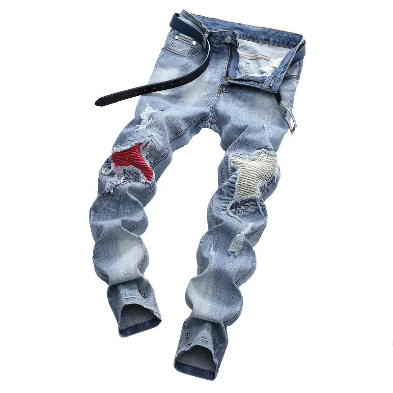 Men's Personalized Ripped Jeans Light Blue Streetwear Stretch Straight Slim Fit Casual Motorcycle Denim Trousers Male