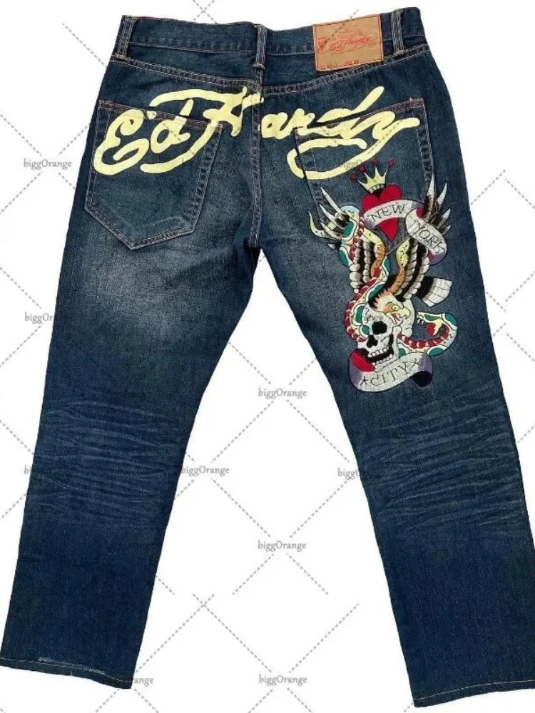 Straight Leg Denim Pants Skull Rose Flame