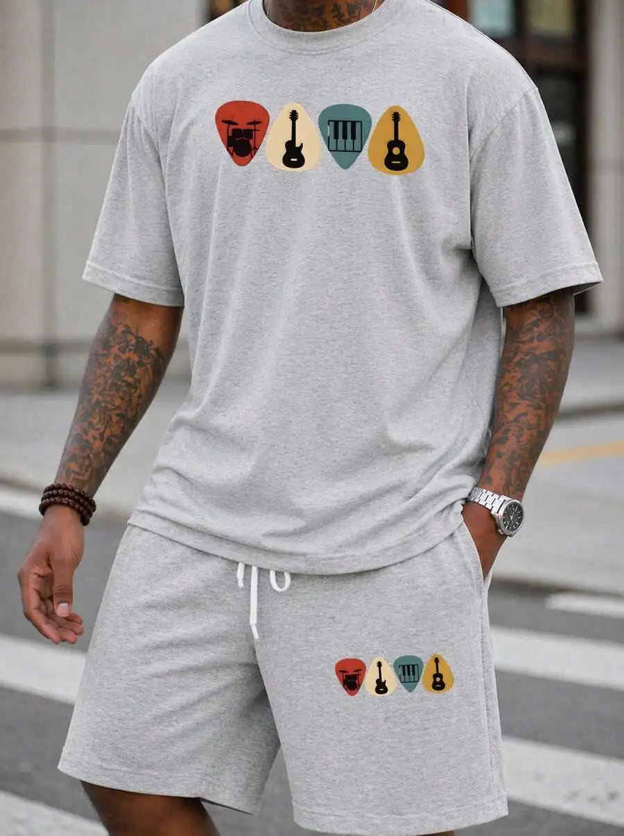 Men S 2 Piece Oversized T-Shirt Shorts Set Musical Instrument Pi Graphic Streetwear Casual Outfit