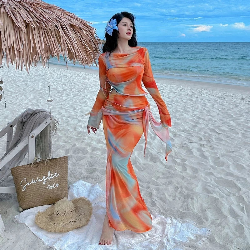 Tie Dye Print Bathing Suit Women 2 Piece Swimwear High Waisted Bikini with Long Skirt Cover Up
