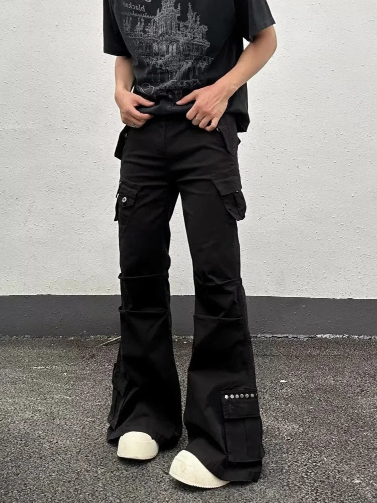 Multi Pockets Black Slim Flared Jeans