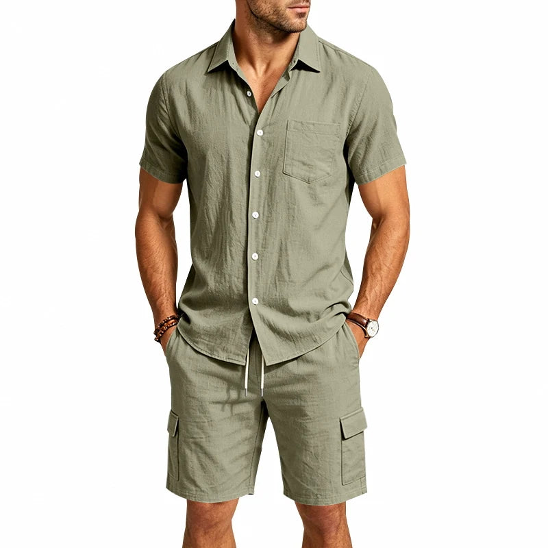 Men Summer American Linen Two Piece Set Short Sleeve Shirt Drawstring Cargo Shorts Loose Casual Outdoor Commute Vacation Outfit