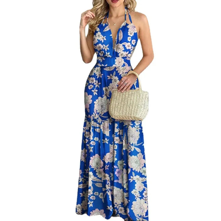 Floral Maxi Dress Long Backless Summer Elegant Gown for Women Vacation Beach Wedding Guest Outfit Flowy Evening Party Skirt