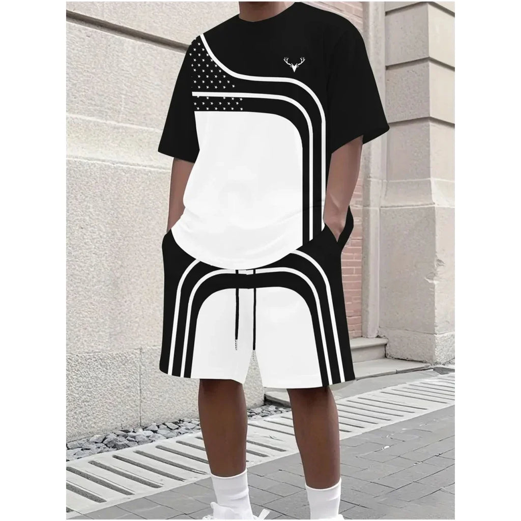 Men's Stripe Print Comfortable Breathable Round Neck T-shirt Shorts Set Outdoor High Street Clothing T-shirt Sets