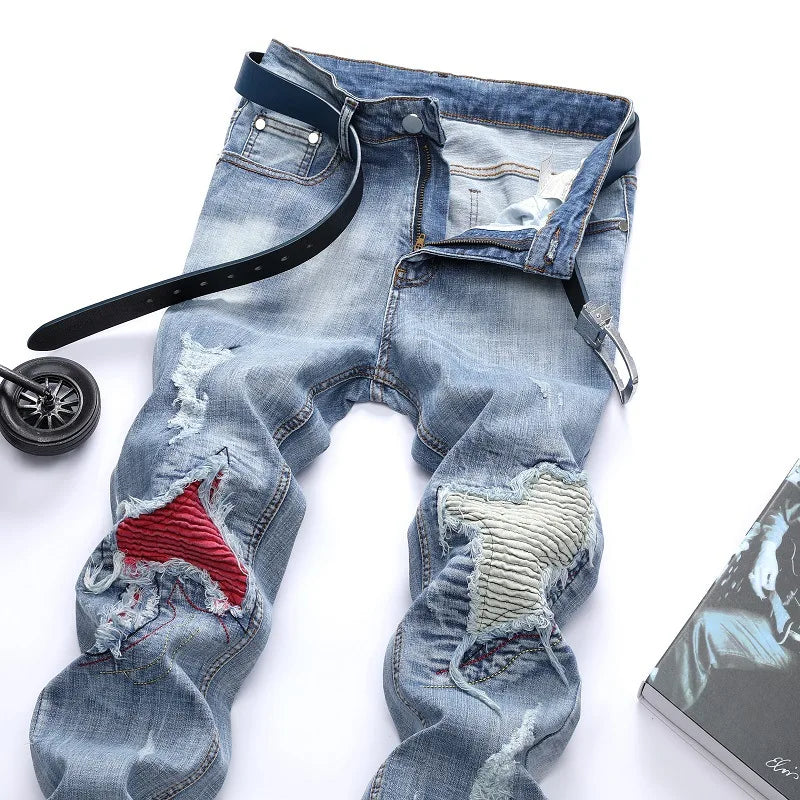 Men's Personalized Ripped Jeans Light Blue Streetwear Stretch Straight Slim Fit Casual Motorcycle Denim Trousers Male