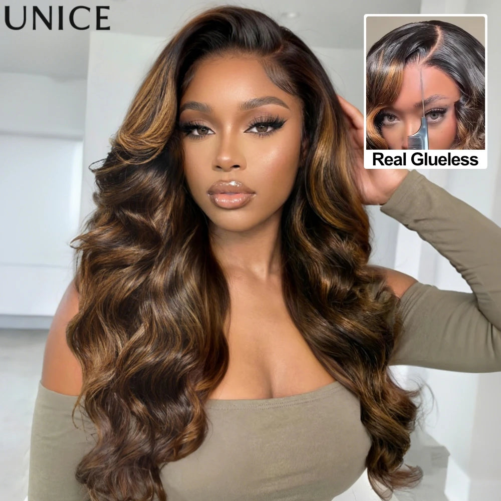 16in-26in 7x5 Pre Cut Lace Balayage Brown Body Wave Glueless Wig