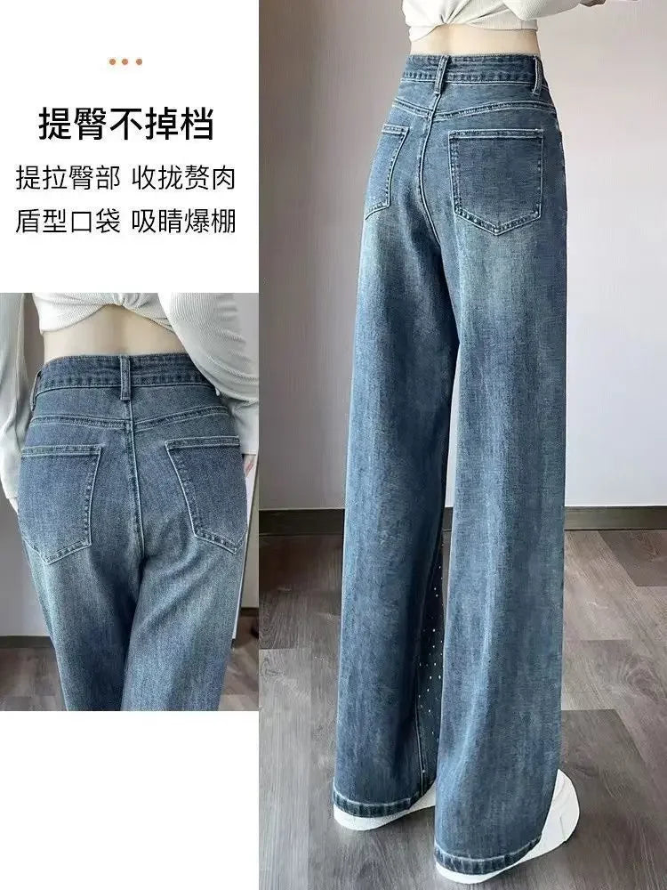 Autumn Women's Clothing Rhinestone Pendant Design High Waist Wash Jeans Women's Loose Slimming Straight-Leg Pants
