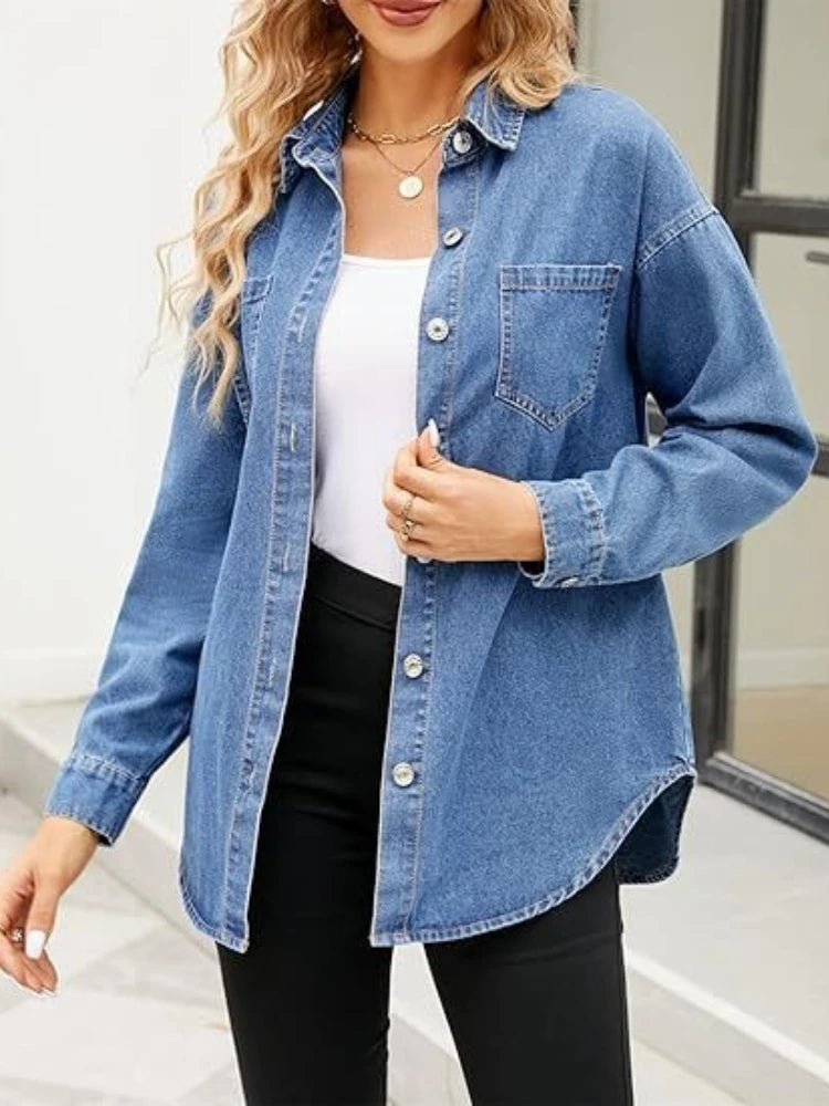 New Washed Loose Long-sleeved Denim Shirts for European American Women, Spring and Autumn Fashionable Four-button Shirt Jackets
