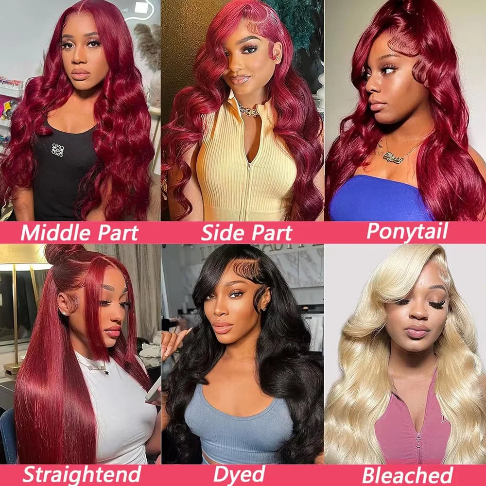 20in-40in Burgundy Red 34 Inch Body Wave Lace Front Wig