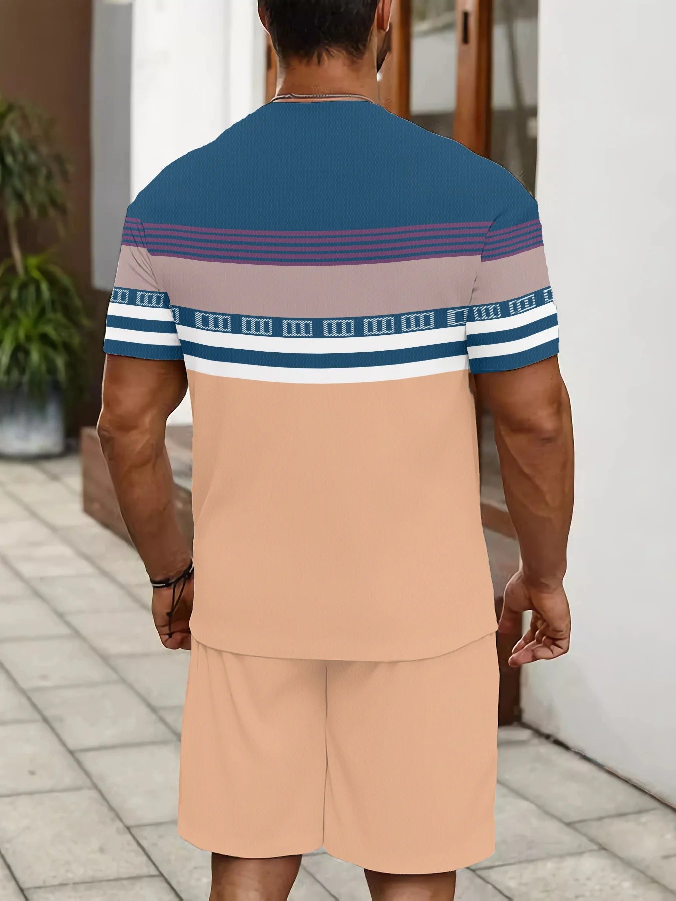 Men's Short-Sleeved Shorts Set - Street Casual Fashion Comfortable Soft Breathable 3D Stripes Pattern Print