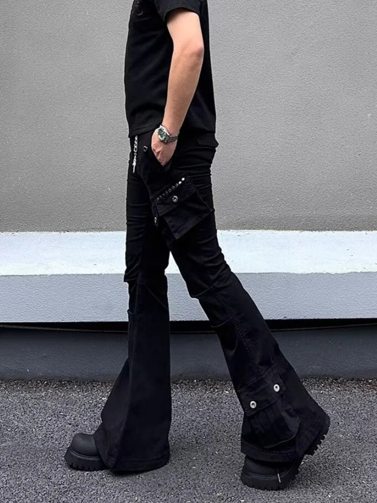 Multi Pockets Black Slim Flared Jeans