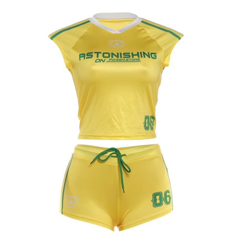 Casual Sporty 2 Piece Set Woman Summer Trend Letter Print V-Neck Tank Tops+Drawstring Shorts Daily Simple Tracksuits