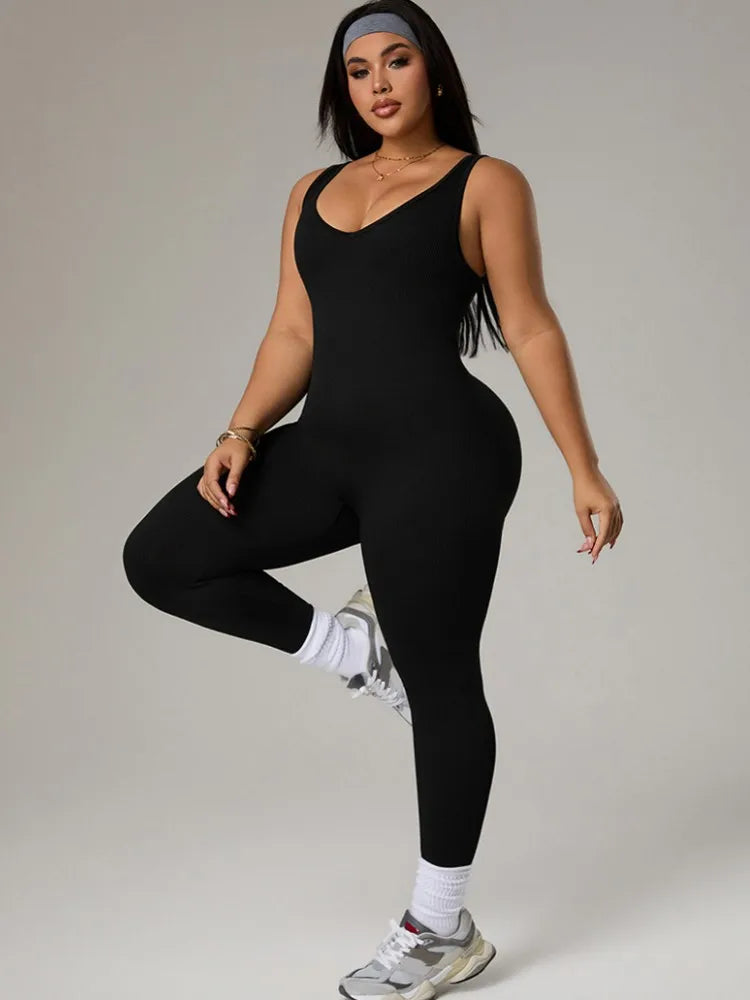 Plus Size Women's Tracksuit Gym Workout Sports Clothes Outfit Backless Jumpsuit Yoga Fitness Overalls Open Back Bodysuits Suit